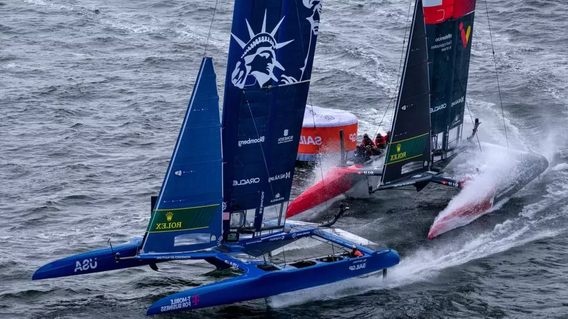 Boats race in the SailGP competition.